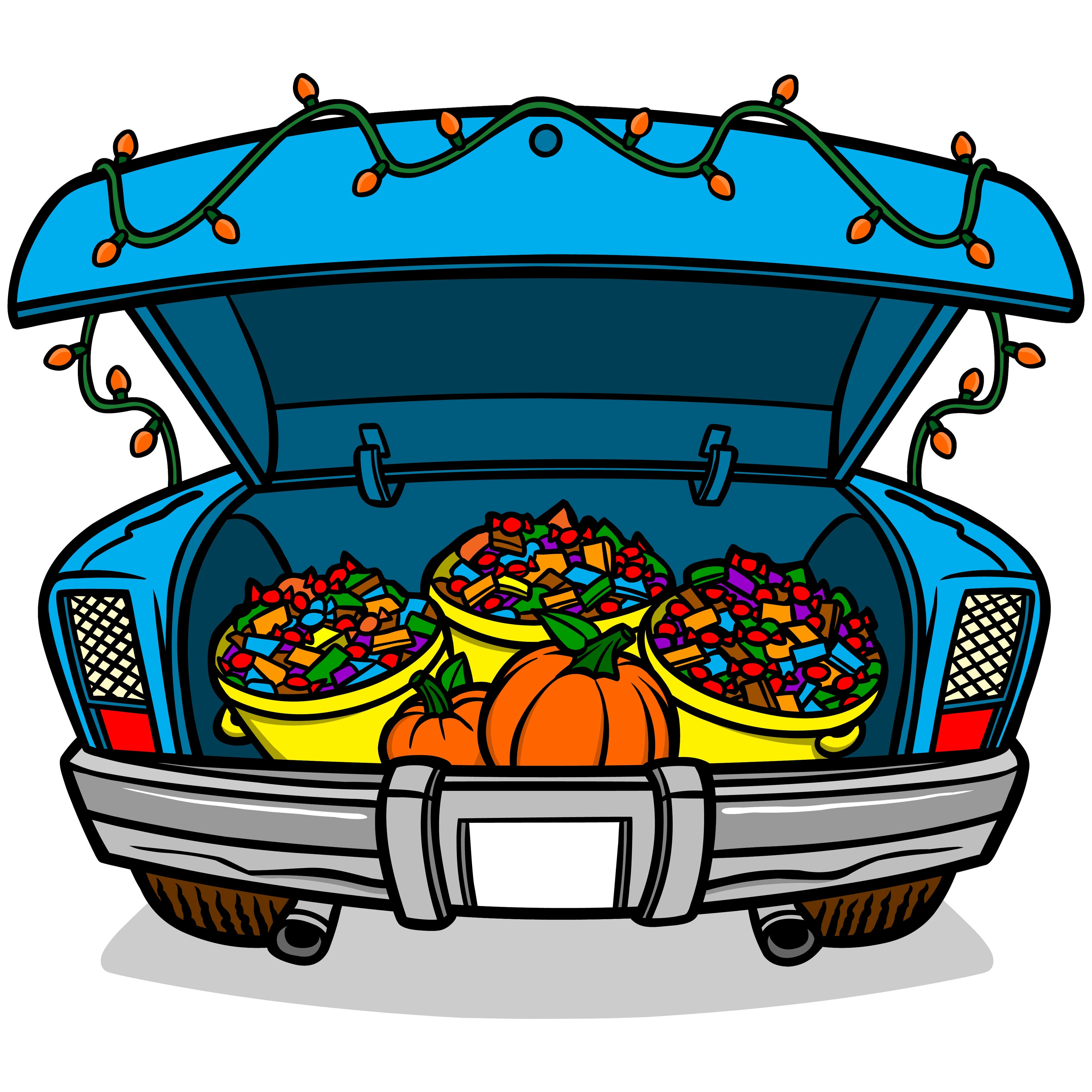 Trunk of a blue cartoon car with buckets of candy and pumpkins inside.